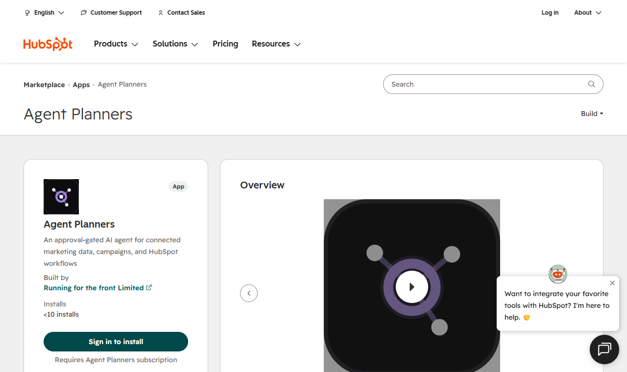 The Agent Planners listing on the HubSpot App Marketplace, with the Sign in to install button and the note that it requires an Agent Planners subscription